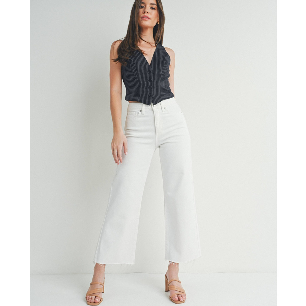 JBD Just Black Denim White High Rise Slim Wide Leg Jeans Raw Hem Women's 27